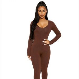 NAKED WARDROBE The NW Deep V Neck Jumpsuit Long Sleeve Coco Size Medium NEW